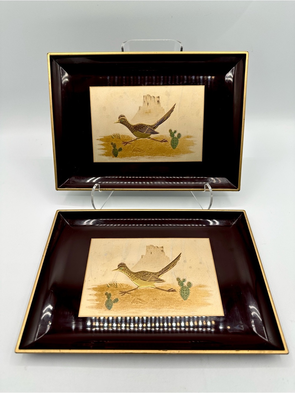 2 Otagiri Lacquerware Trays. Designed by Couroc Artist, Moira Wallace. 60s-70s